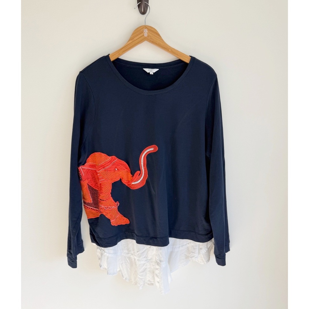 Crown & Ivy Women Embroidered Elephant Top 2X Navy Blue Boho Preppy Layered Hem